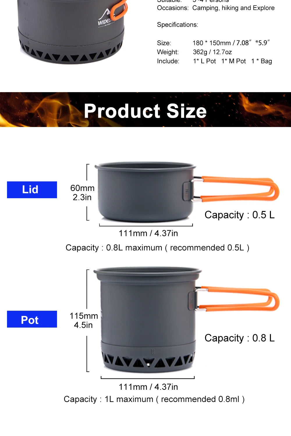 Widesea Camping Cookware Set – 1.3L & 2.3L Pots with Kettle for Outdoor Cooking